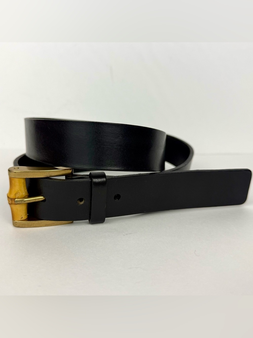 Talbots Genuine Leather Belt Medium Black Gold Bamboo Wood Buckle Italy